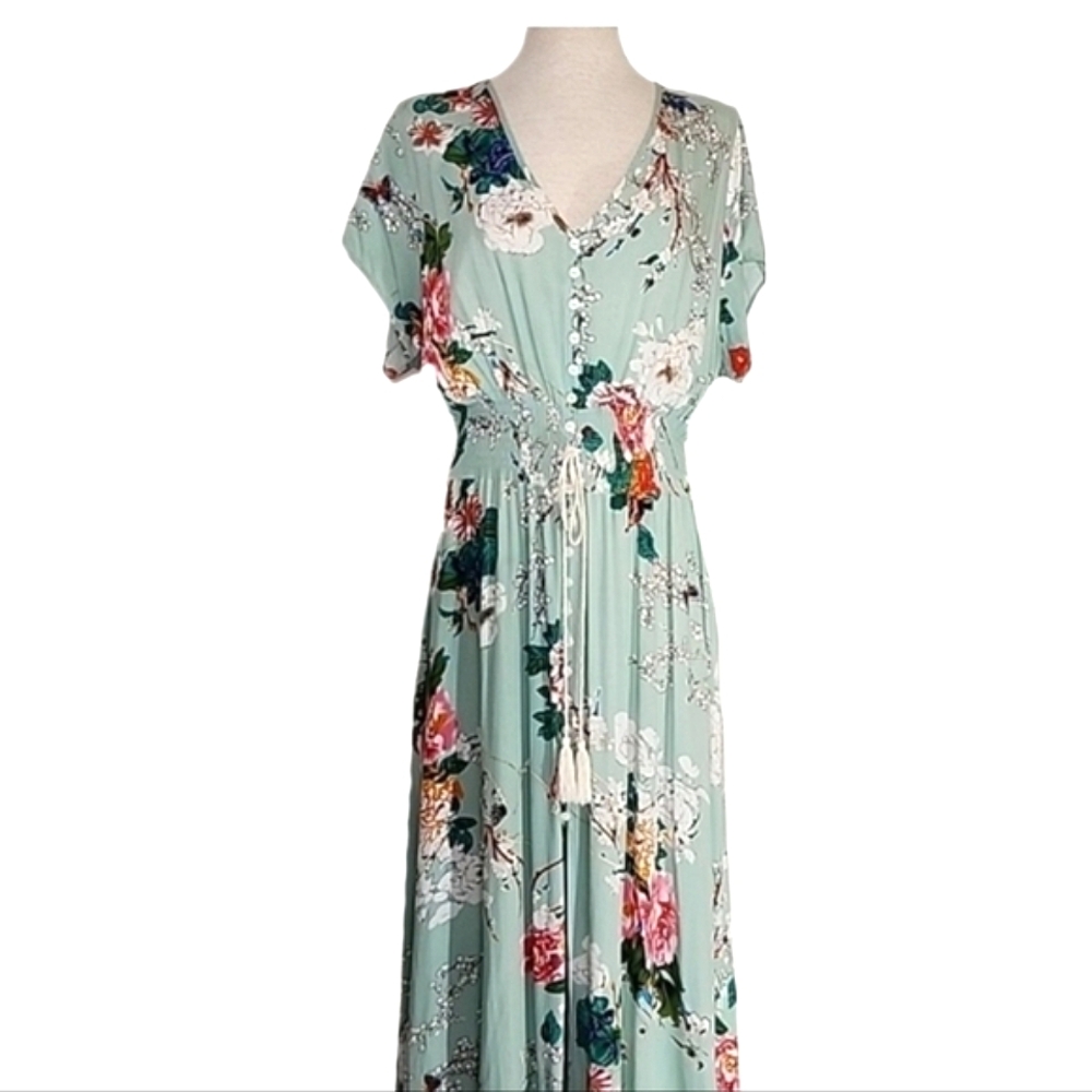Amzplus Dress Floral Smocked Boho Tassled Tie Front Maxi Green Plus Size 3XL - Picture 5 of 16